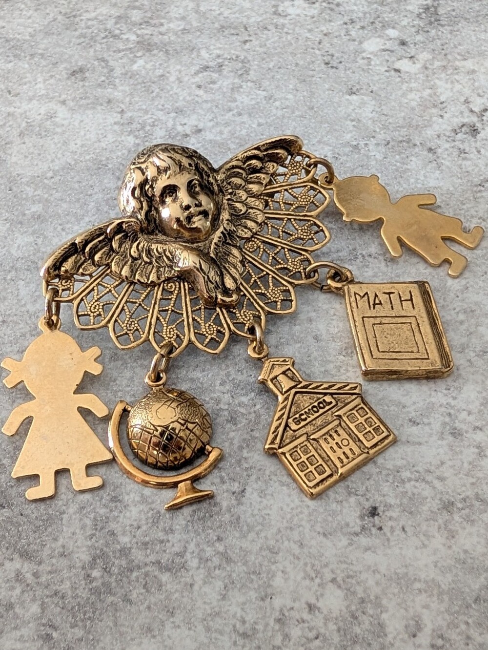 Gold Tone Cherub Angel School Charm Brooch